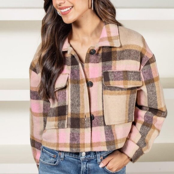 NWT Elan Leo cropped flannel shirt jacket Womens Medium pink black tan - Picture 1 of 10